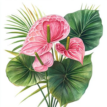recommend clip art: This watercolor floral composition is composed of green banana, palm leaves and pink flowers of anthurium. This botanical clipart illustration shows exotic plants isolated on white.
