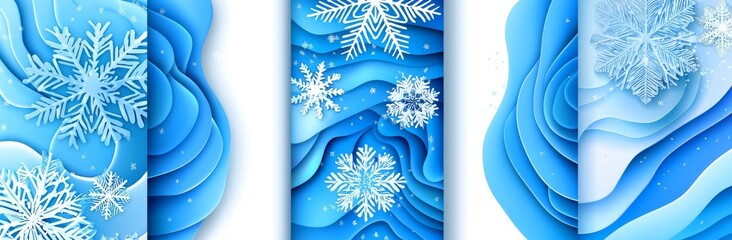 Illustration of winter snowflakes in blue colors with white flakes. Fashion show flyers, light banners with abstract shapes, social media background, covers collection.