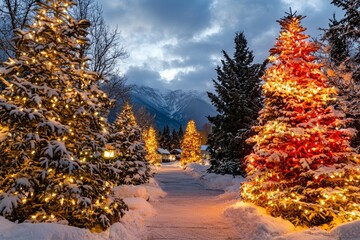 Digital matte painting of Santa's village hidden behind the mountains. With Christmas trees and snow surrounding the scene.