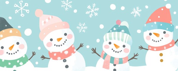The image depicts different snowmen holding hands together in blue winter clothes during the winter holidays. Christmas background. Seamless border. Modern illustration.