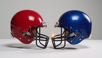 Fototapeta premium Two contrasting football helmets red blue clash mid-flight creating sparkling impacts
