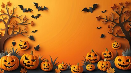 Halloween themed background with a paper cut out style macro, spooky, scary, bat, jack-o'-lantern, trick-or-treat, black cat, haunted house, spider web, pumpkin, graveyard, autumn