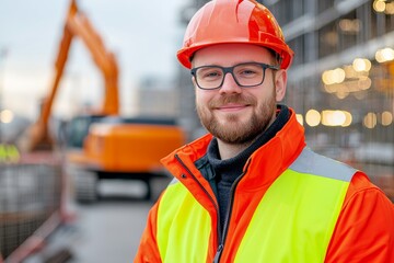 Worker with helmet on building site. Bulldozer excavator man with bulldozer on the background. Construction worker with tractor at building site.