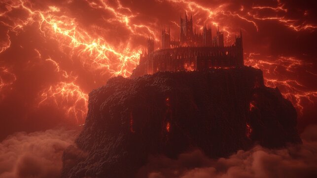 Apocalyptic Castle: Eerie 3D Render of Haunting Fortress in Fiery Storm with Dark Figures, Ultra-Detailed & Cinematic Lightning