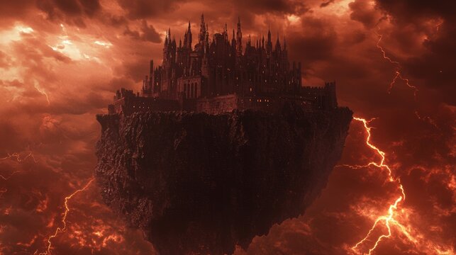 Apocalyptic Castle: Haunting 3D Render of Dark Citadel Amidst Firestorm with Cinematic Lightning, Eerie Atmosphere, and Sinister Figures