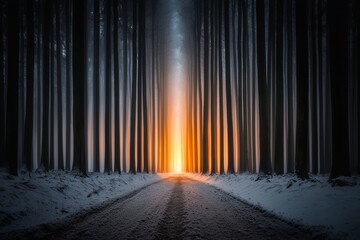 The beautiful snow-covered trees of the winter forest at sunset. Stock Photo