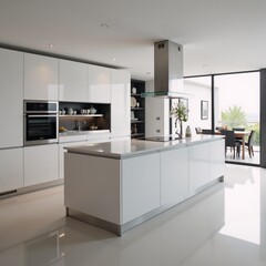 Fototapeta premium A digital depiction showcasing a sleek contemporary kitchen design within a modern residence