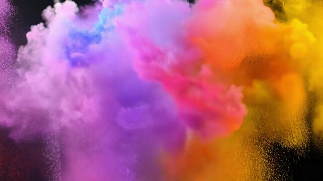 A vibrant explosion of colorful powder fills the air, creating a dynamic burst of energy. Ideal for abstract, celebration, or festival themes.