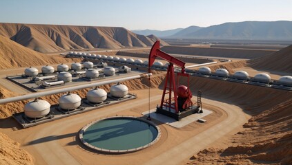 3D depiction showcasing a landscape of the petroleum industry featuring an oil pump by a pipeline near a bpvc reservoir and illustrating various aspects of petrochemical production