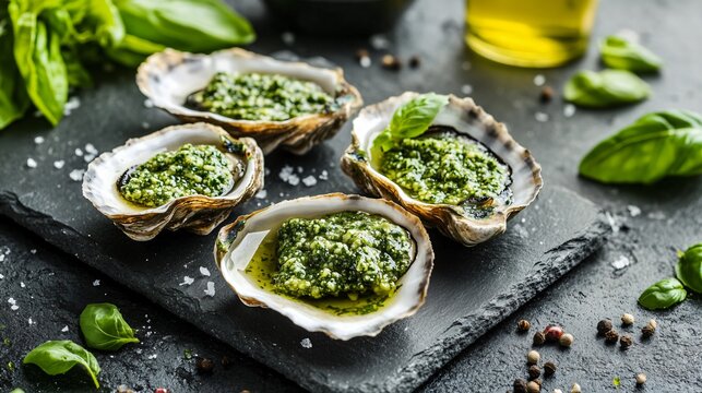 Oysters with a drizzle of basil pesto, isolated on a stone plate with contrasting light and dark effects