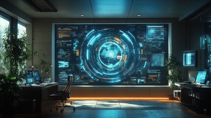 Futuristic office interior with a large screen displaying a holographic globe and data streams.