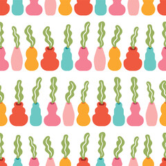 Colorful Curvy Vases With Wavy Leaves Seamless Vector Repeat Pattern