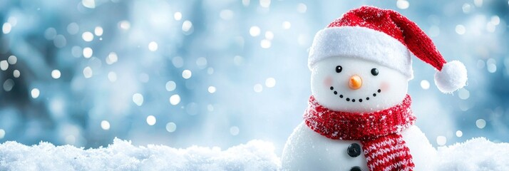 Obraz premium Cute snowman with snowy landscape as background image