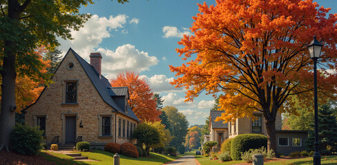 Obraz premium Scenic autumn neighborhood with colorful trees and charming houses under a blue sky