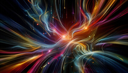 Vor einem dunklen Hintergrund sieht man bunte abstrakte Linien und Wellen, die ineinander zerfließen