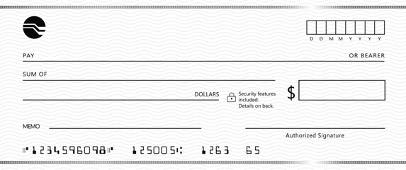 Blank bank check, checkbook cheque template with blue guilloche, vector mockup. Money payment bank check voucher or pay cash cheque certificate, account bill paycheck