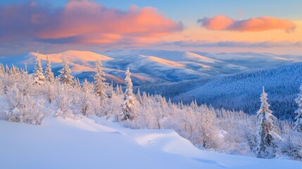 Winter sunrise with snow-covered trees and a vibrant sky.
