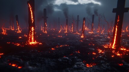Obraz premium Infernal Battlefront: A 3D Rendered Hellscape of Torment and Chaos with Cinematic Lightning