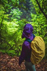 Female tourist in hard shell rain jacket looks into a misty jungle from a trail on a rainy day....