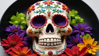 Flower-themed sugar skull with a round shape