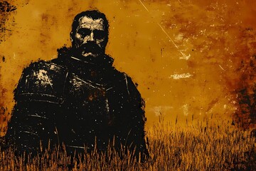 Fototapeta premium Knight illustration in full armor holding a sword and shield, ideal for fantasy art, medieval themes, and historical content.