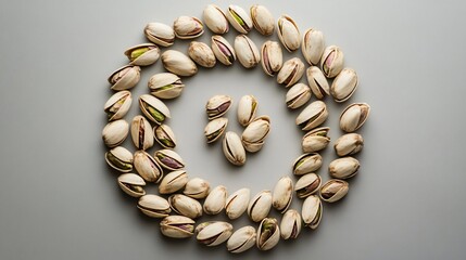 Obraz premium A collection of shelled pistachios arranged in a spiral, isolated on a pale gray background with artistic flair