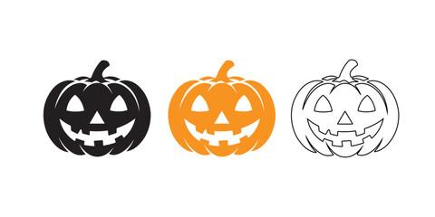Jack O lantern black linear and silhouette icons. Thin line pumpkin face sign. Halloween Character outline