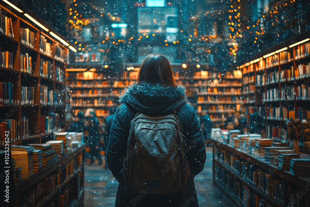 Aufkleber a person in a library where each book represents a different universe, symbolizing the vastness of t