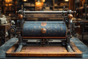 Fototapeta premium A close up of an old fashioned, industrial, textile loom with a wooden frame, metal parts, and a spool of blue fabric.