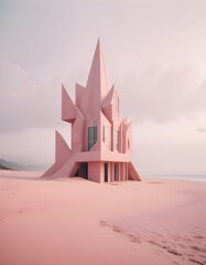 Fototapeta premium Surreal, geometric building complex nestled within a serene, wilderness beach landscape with a dreamlike ambiance, high detail, pastel, soft tones, iridescent style, bright and reflective atmosphere l