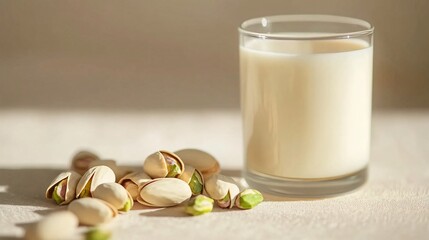 A small handful of pistachios next to a glass of almond milk, isolated on a neutral background