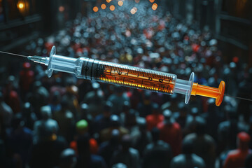 A massive syringe towering above a crowd of people, representing the influence of healthcare and pharmaceutical industries. Concept of business.