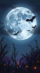 Fototapeta premium Bats silhouette flying against full moon night sky, spooky Halloween cartoon iPhone wallpaper background