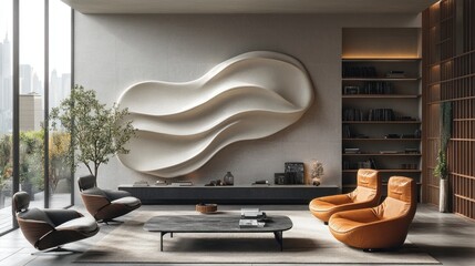Modern living room interior with large abstract wall art, two leather armchairs, and a coffee table in front of a large window overlooking a city skyline.