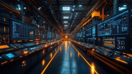 Futuristic factory interior with glowing control panels and screens.
