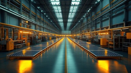 Obraz premium Modern factory interior with solar panels on the floor, lit by yellow lights.
