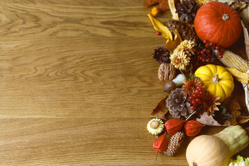 Autumn flat lay. Pumpkins, fall leaves and flowers, berries and pine cones border on wood background. Autumnal template with space for text. Thanksgiving background
