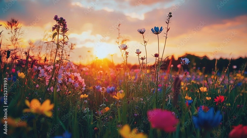 Wall mural   A field of wildflowers, bathed in the golden light of the setting sun behind cloudy skies, is a breathtaking sight to behold