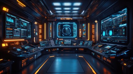 Futuristic spaceship control room with glowing screens and futuristic technology.