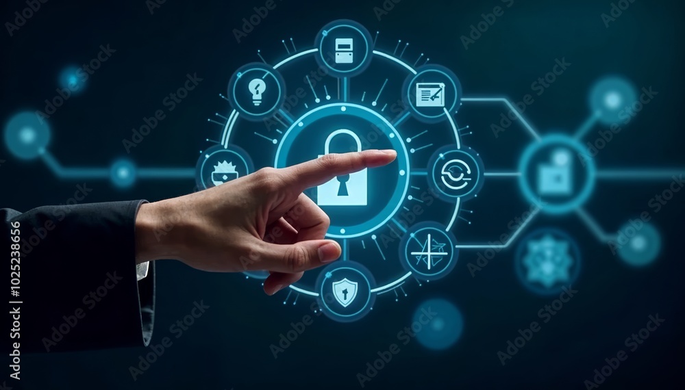 Aufkleber a hand pointing at a digital lock icon on a futuristic background representing cybersecurity concept