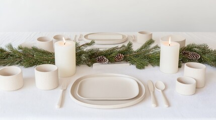 A serene arrangement featuring white and gold candles surrounded by a mix of decorative ornaments and lush greenery, perfect for the holiday season