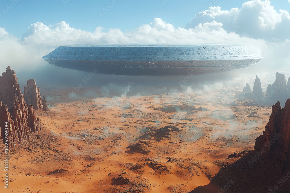Poster a giant alien structure hovering over a desert landscape, representing the awe and mystery of alien 