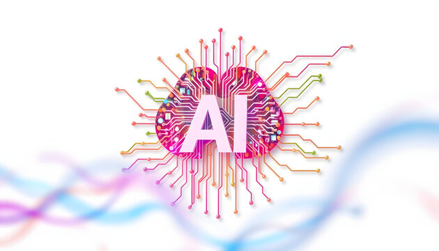 AI symbol adorned with complex circuit layout on a white background. Surrounded by colorful, flowing elements 3D rendering isolated with white highlights, png