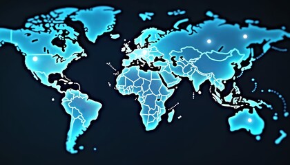 Futuristic World Map with Glowing Blue Continents and Countries for Technology and Travel Explanations