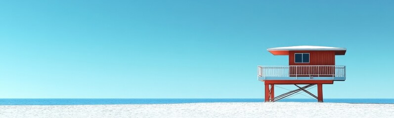Fototapeta premium Red lifeguard tower on a beach with a blue sky