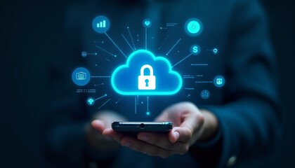 Hand Holding Smartphone with Cloud Security Icon for Digital Safety Visuals
