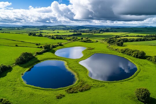 Rural land being restored for wetland preservation, with newly created ponds and marshes to support biodiversity and flood management