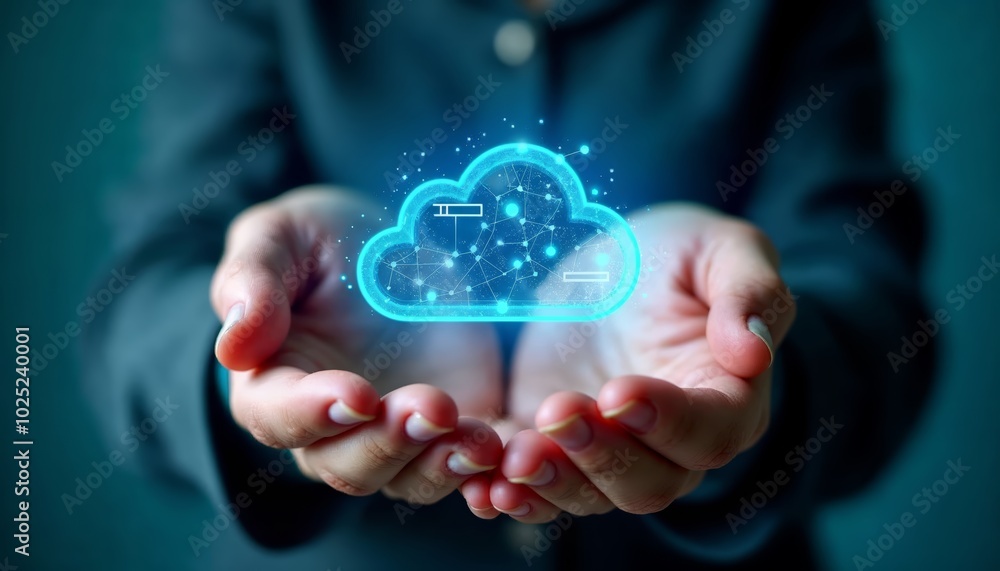Poster hands holding a glowing blue cloud icon representing cloud computing and data storage concept