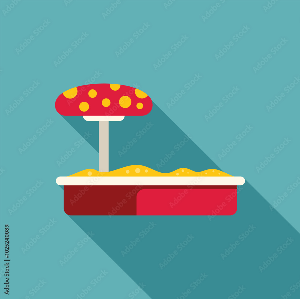 Poster sandbox with red mushroom for protecting children from sunstroke on playground, flat style icon with