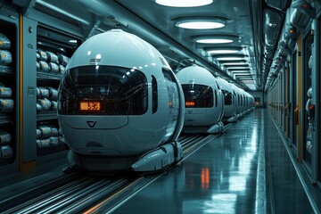Fototapeta premium Futuristic transportation pods lined up in a futuristic warehouse.